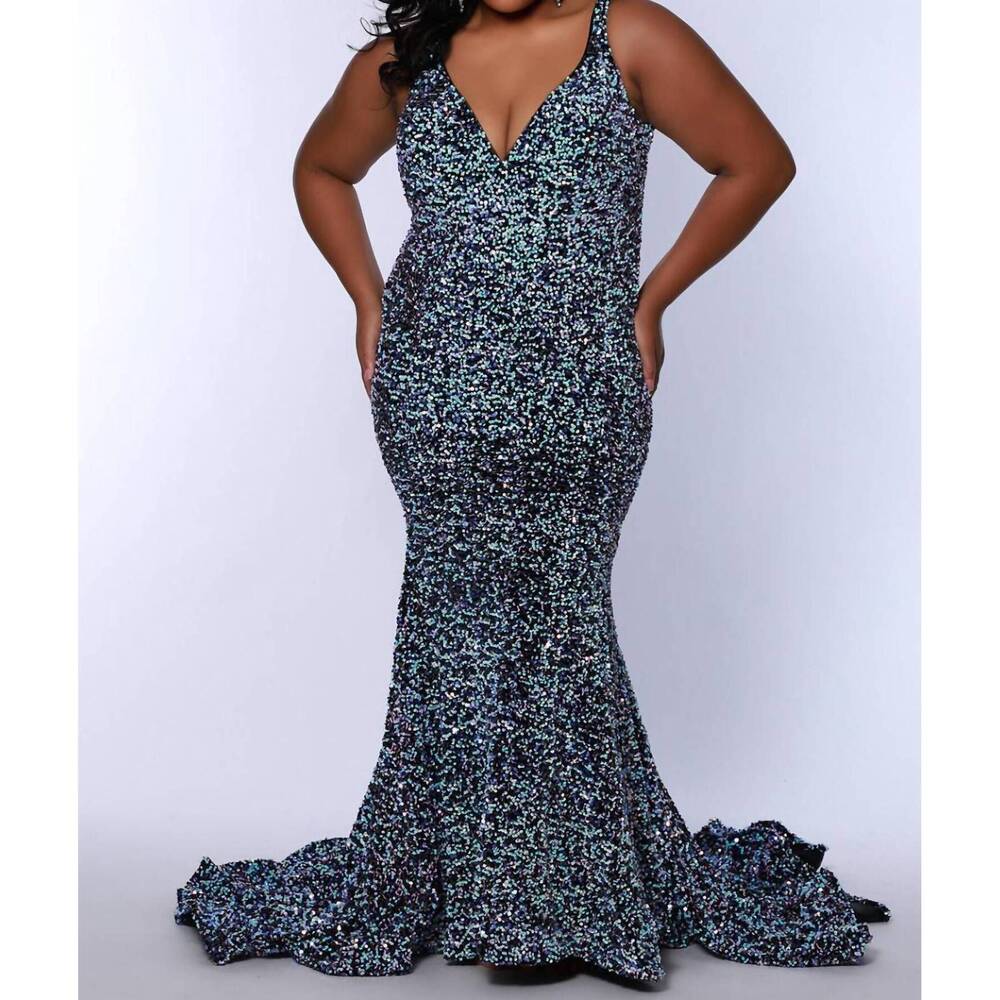 NEW SYDNEY'S CLOSET v-neck velvet sequin evening dress in cosmic